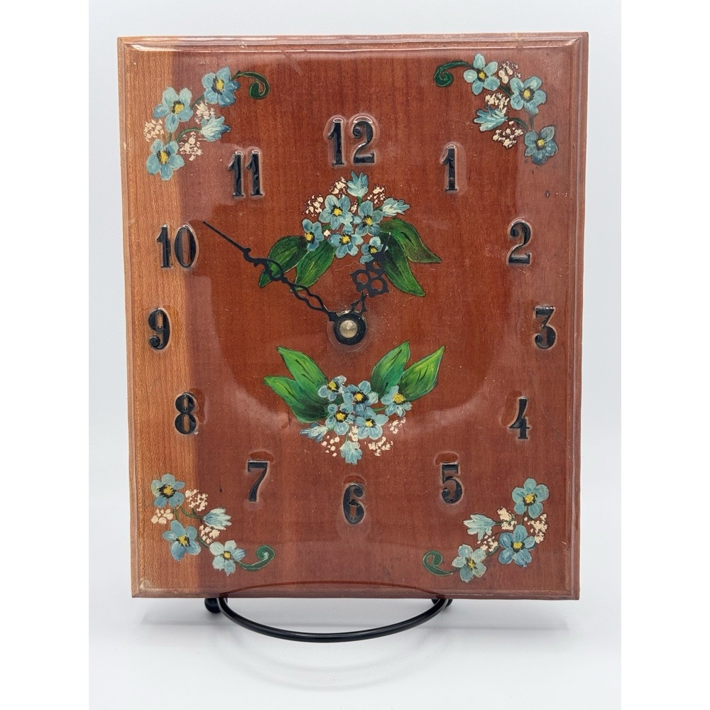 Vintage Wood Clock With Blue Flowers Battery Operated Works!